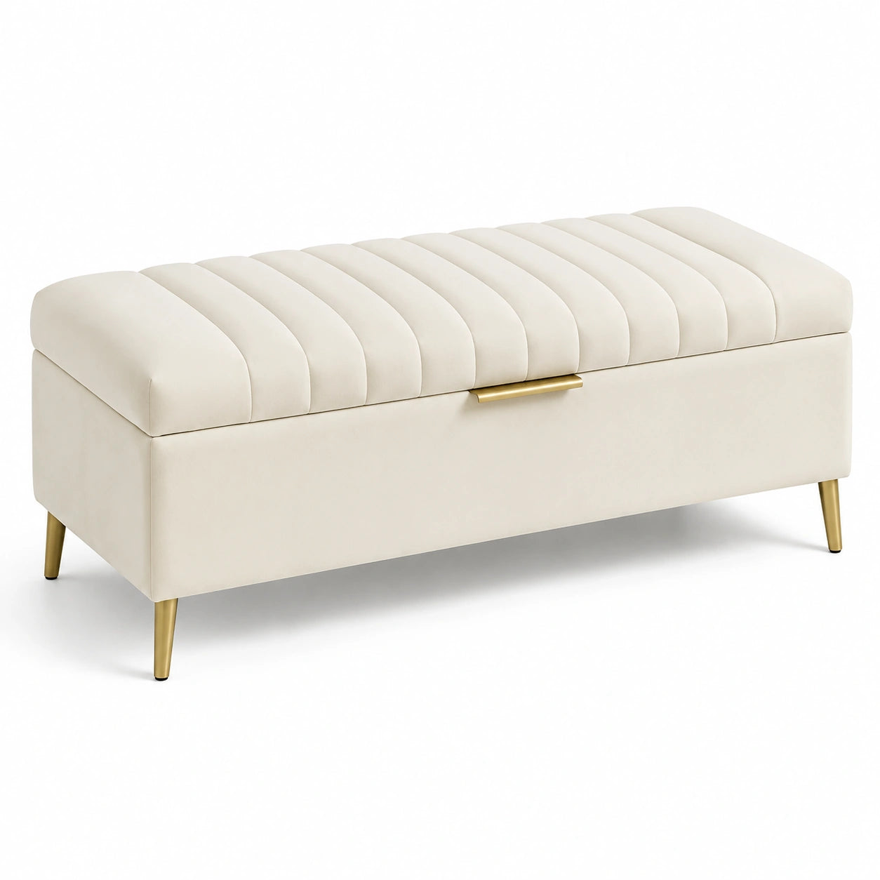 Samtbank mit Stauraum Creme 120x40x45 cm mit goldenen Metallbeinen