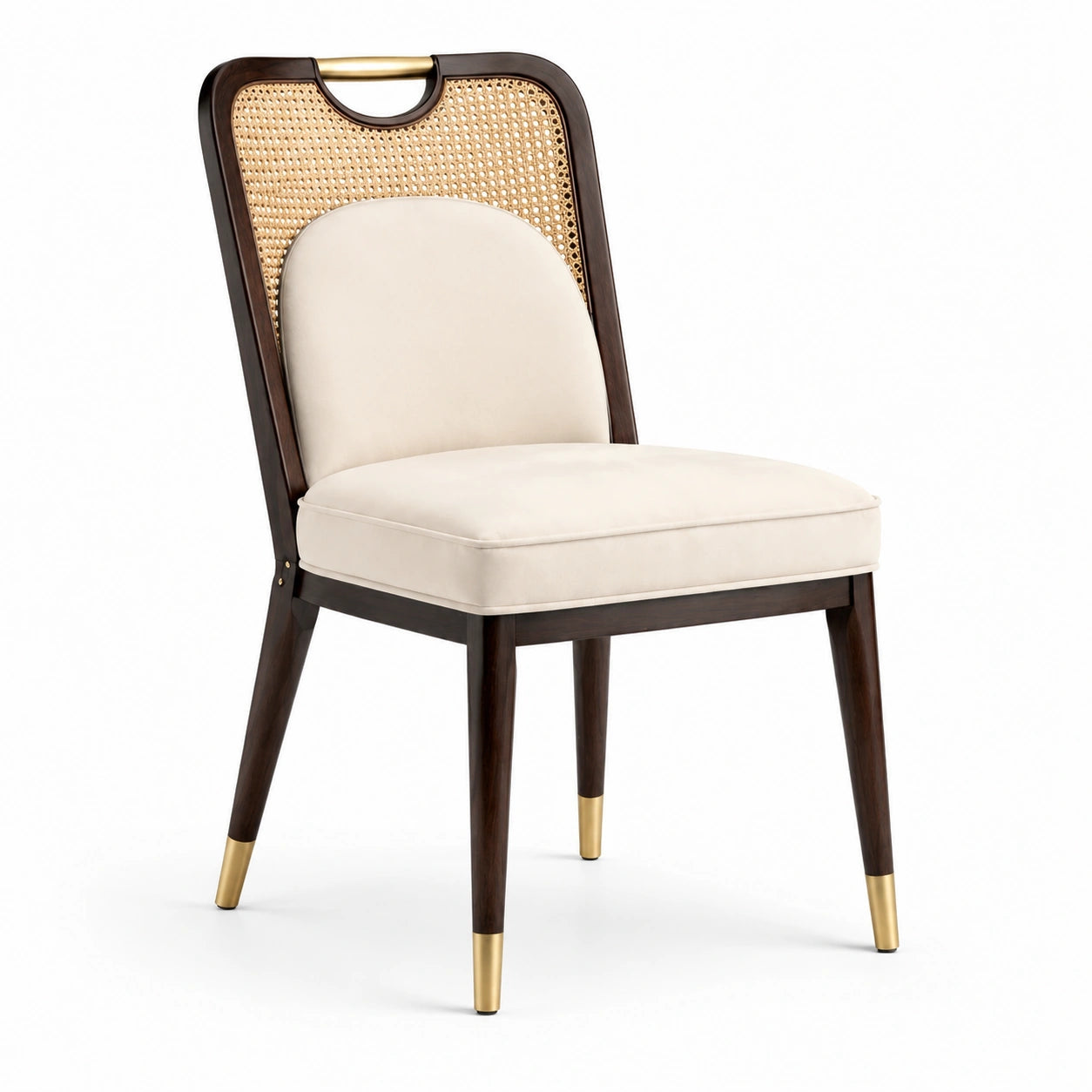 Holzstuhl mit Rattan und Samt in Creme