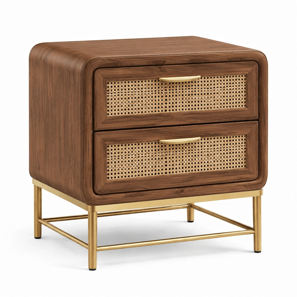 Nachttisch aus Holz mit Rattan und Messingbeinen